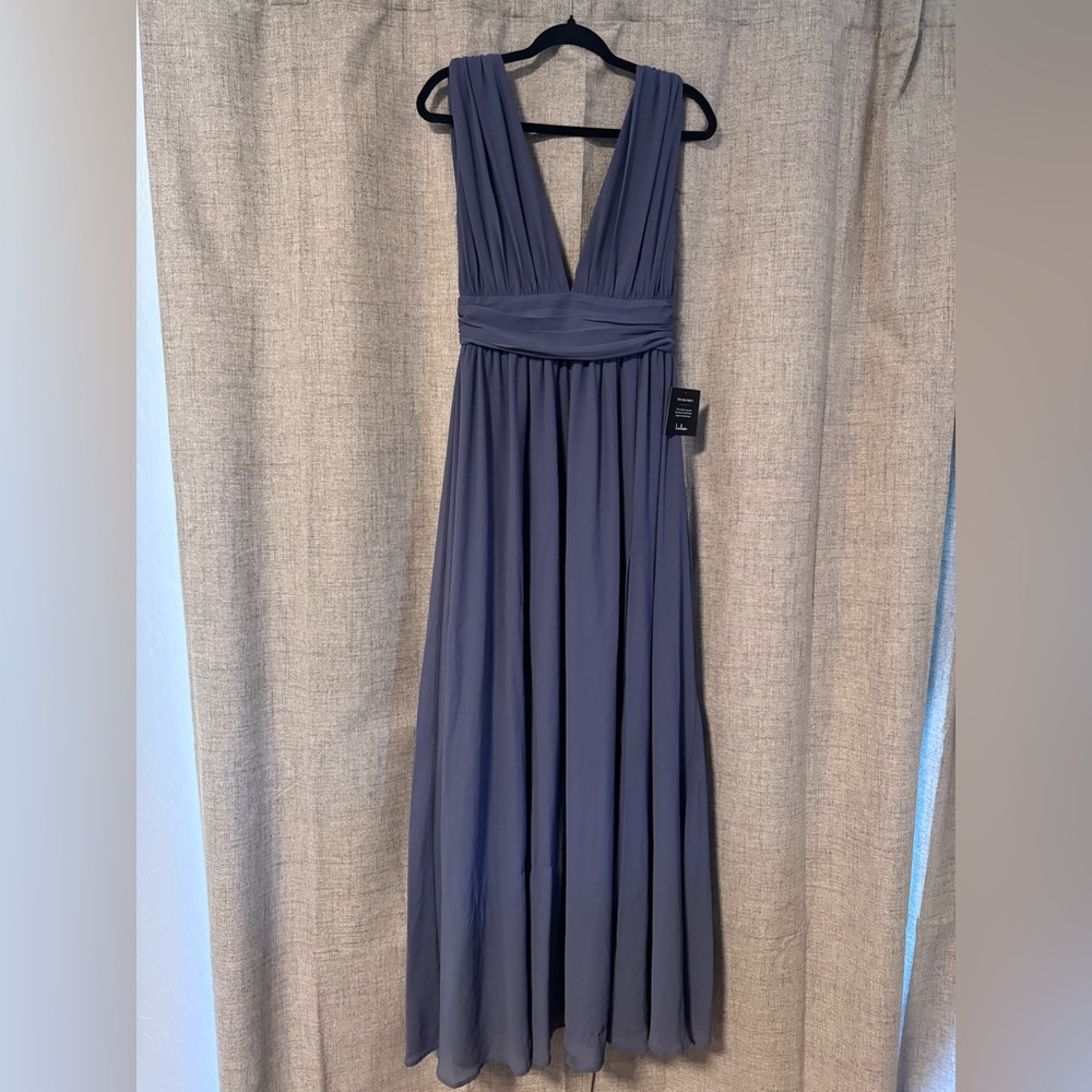 Lulu's Slate Blue Deep V Chiffon Maxi Dress